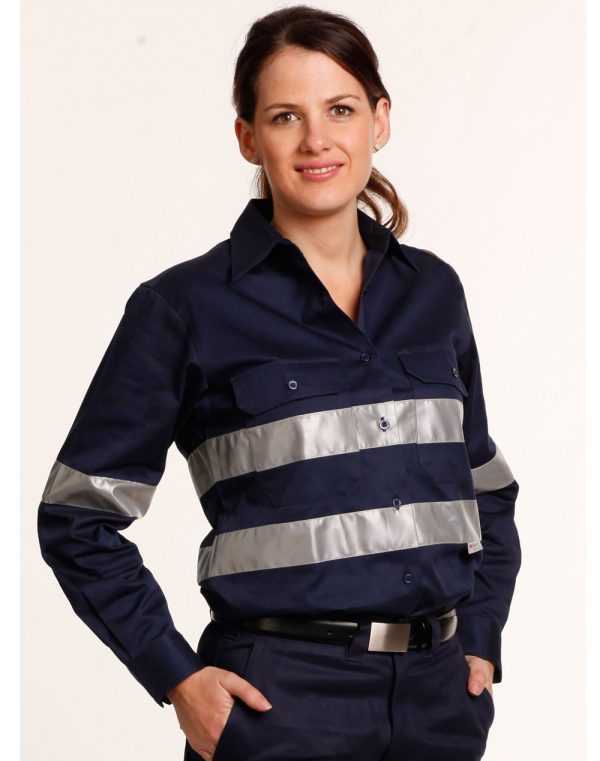Ladies HiVis Cotton Drill Long Sleeves Work Shirt with 3M Reflective Taps