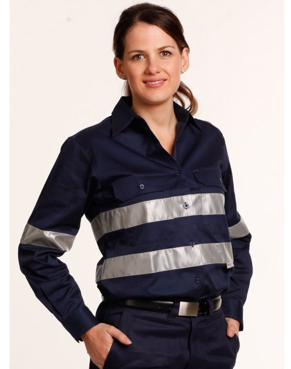Ladies HiVis Cotton Drill Long Sleeves Work Shirt with 3M Reflective Taps - Image 2